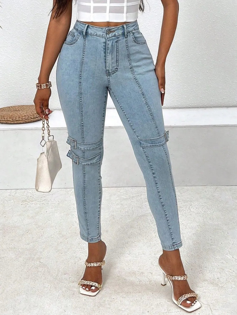 front Women’s Decorative Buckle Skinny Jeans with Pockets – Stylish, Comfortable & Practical - Fashlot