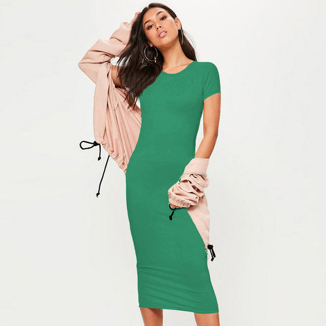 Women’s Casual Midi Cotton Dress – Short Sleeve, O-Neck, Slim Fit Summer Style - Fashlot