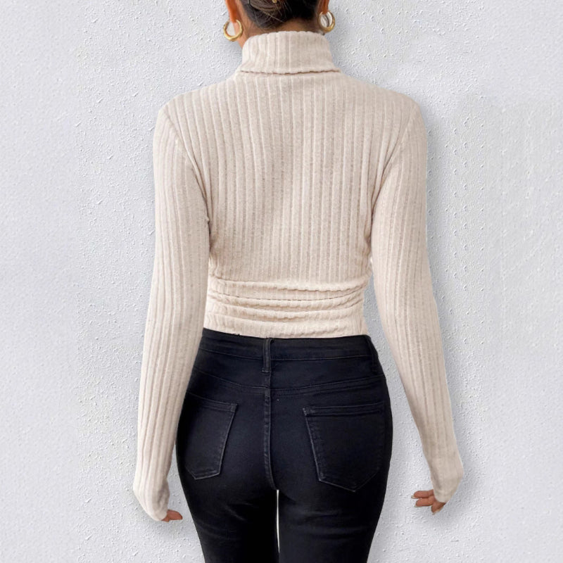 Long sleeved high neck Apricot slim fitting jumpsuit - Fashlot