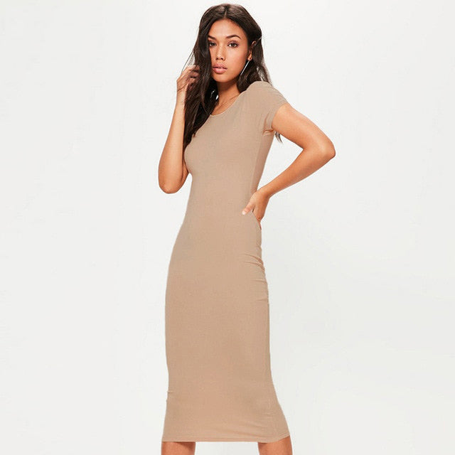 Women’s Casual Midi Cotton Dress – Short Sleeve, O-Neck, Slim Fit Summer Style - Fashlot