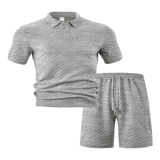 Men's Full Plus Size Textured Polo Shirt and Shorts Set - Fashlot