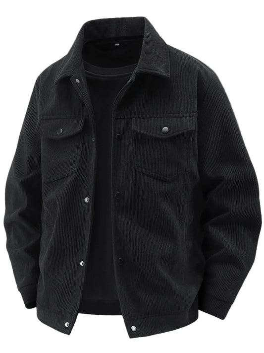 Men's Plus Size Black Corduroy Button-Up Jacket with Chest Pockets (S - 5XL) - Fashlot