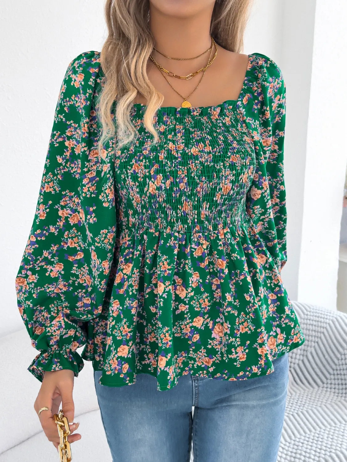 Floral Square Neck Flounce Sleeve Blouse – Feminine Style, Breezy Comfort, Everyday Elegance - Fashlot
