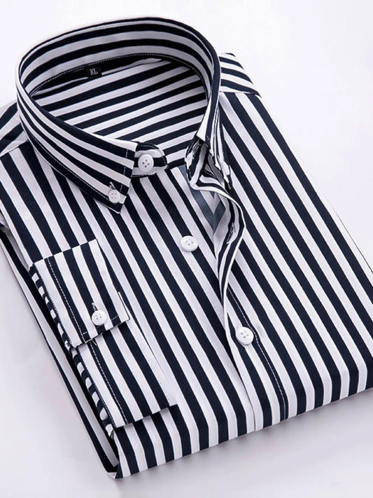 Men’s Black Plus Size Striped Button Up Long Sleeve Shirt – Classic Comfort & Timeless Style - Fashlot