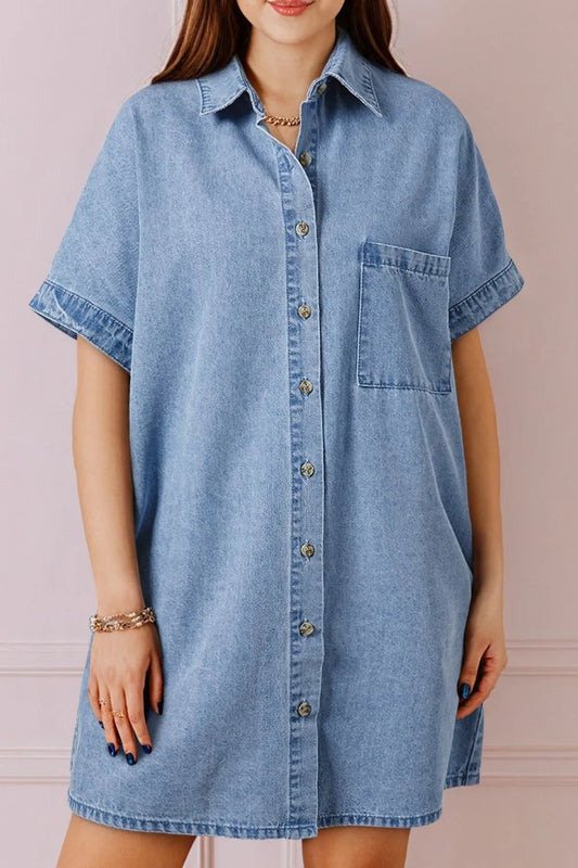 Women’s Button Down Short Sleeve Denim Dress - Classic, Clean, Effortless - Fashlot