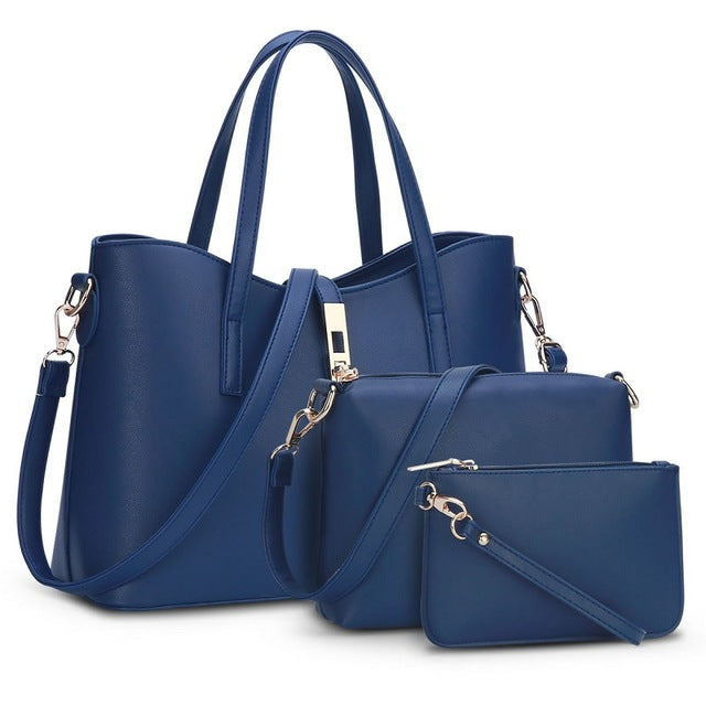 Women Dark Blue Bag Top-Handle Bags Female Messenger Bags Handbag Set PU Leather Composite Bag - Fashlot