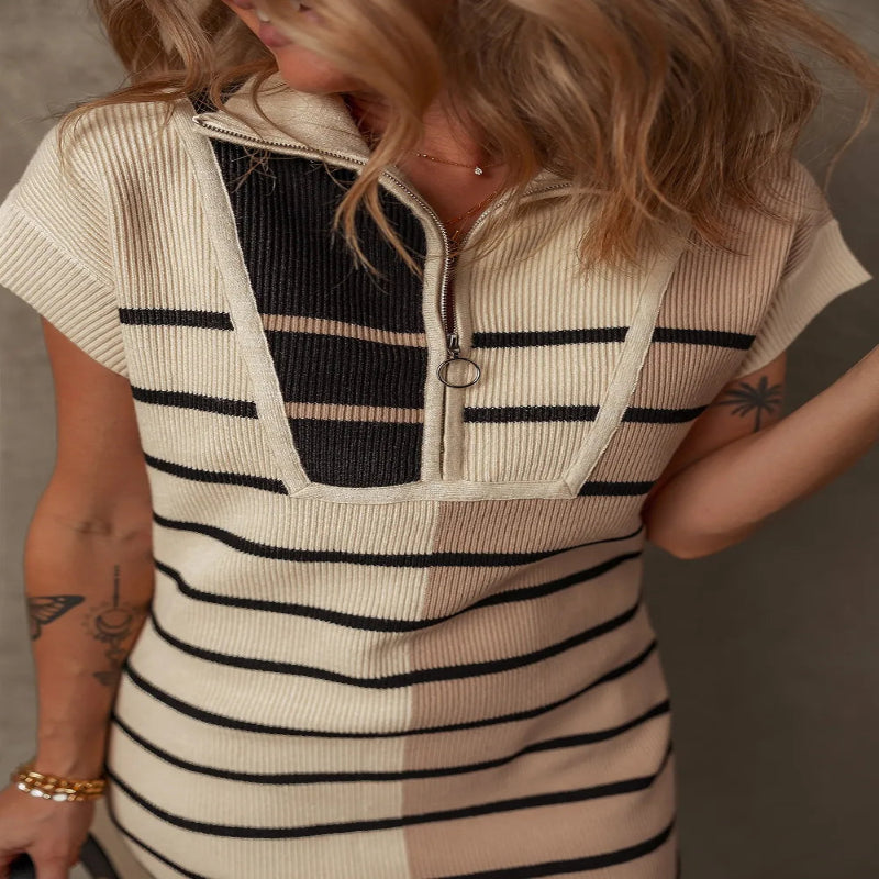 Women’s Striped Quarter Zip Cap Sleeve Sweater Dress – Effortless Chic & Everyday Comfort - Fashlot