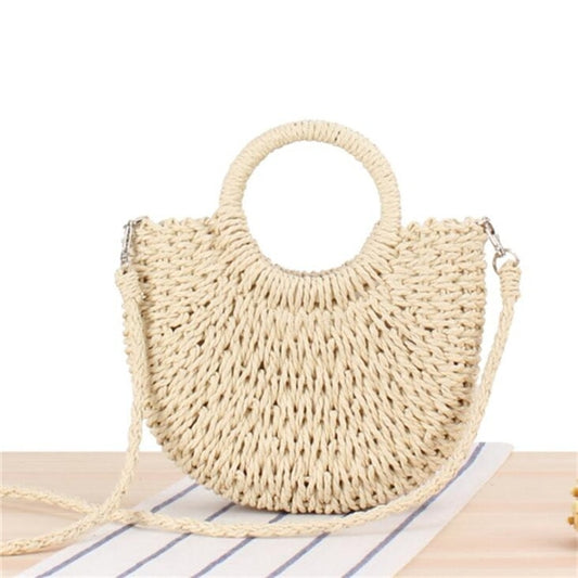Handmade Half-Round Rattan Woven Straw Crossbody Beige Bag - Fashlot