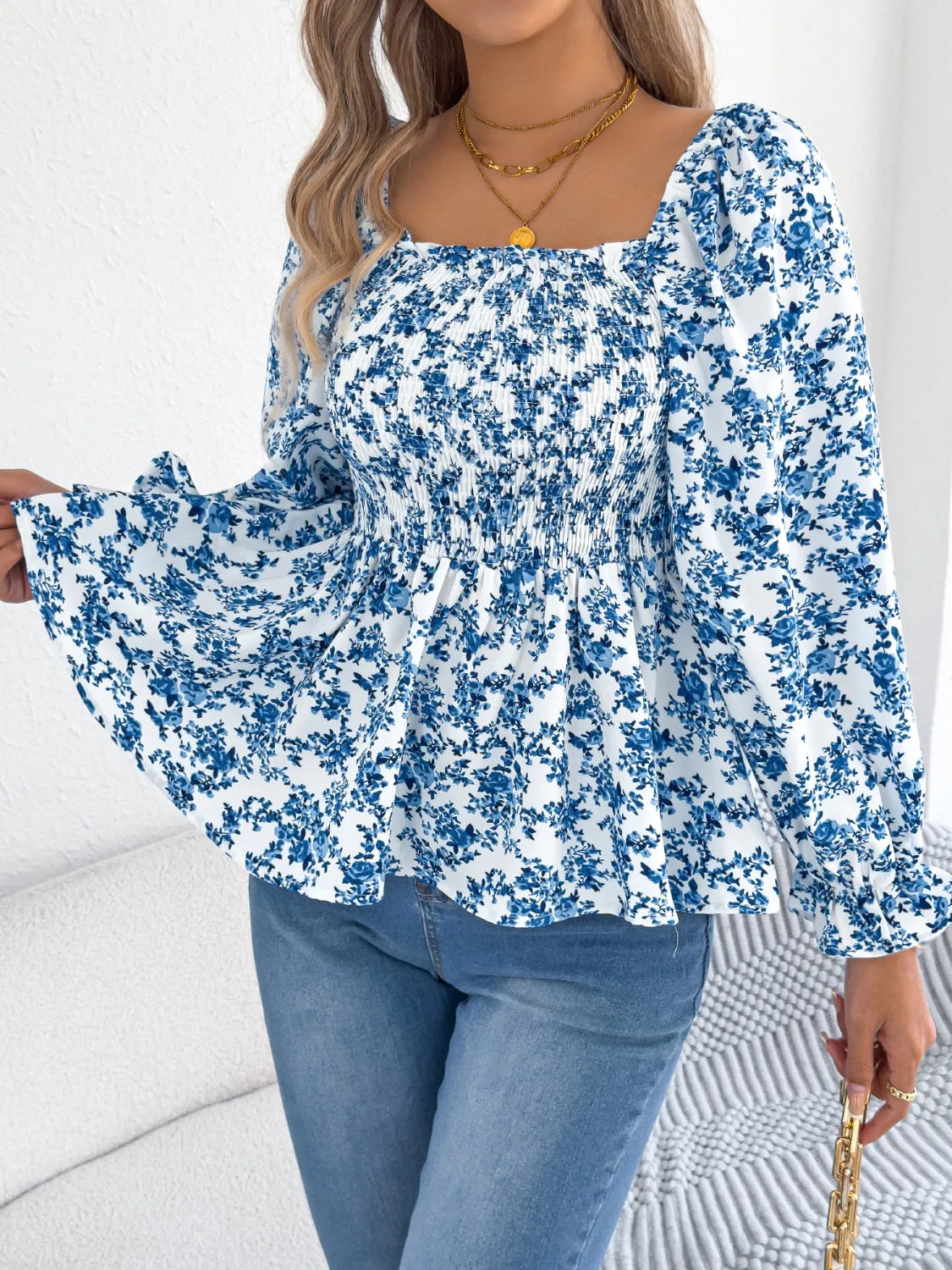 Floral Square Neck Flounce Sleeve Blouse – Feminine Style, Breezy Comfort, Everyday Elegance - Fashlot