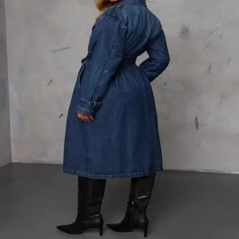 Button Up Long Sleeve Longline Denim Jacket for Women- Fashlot