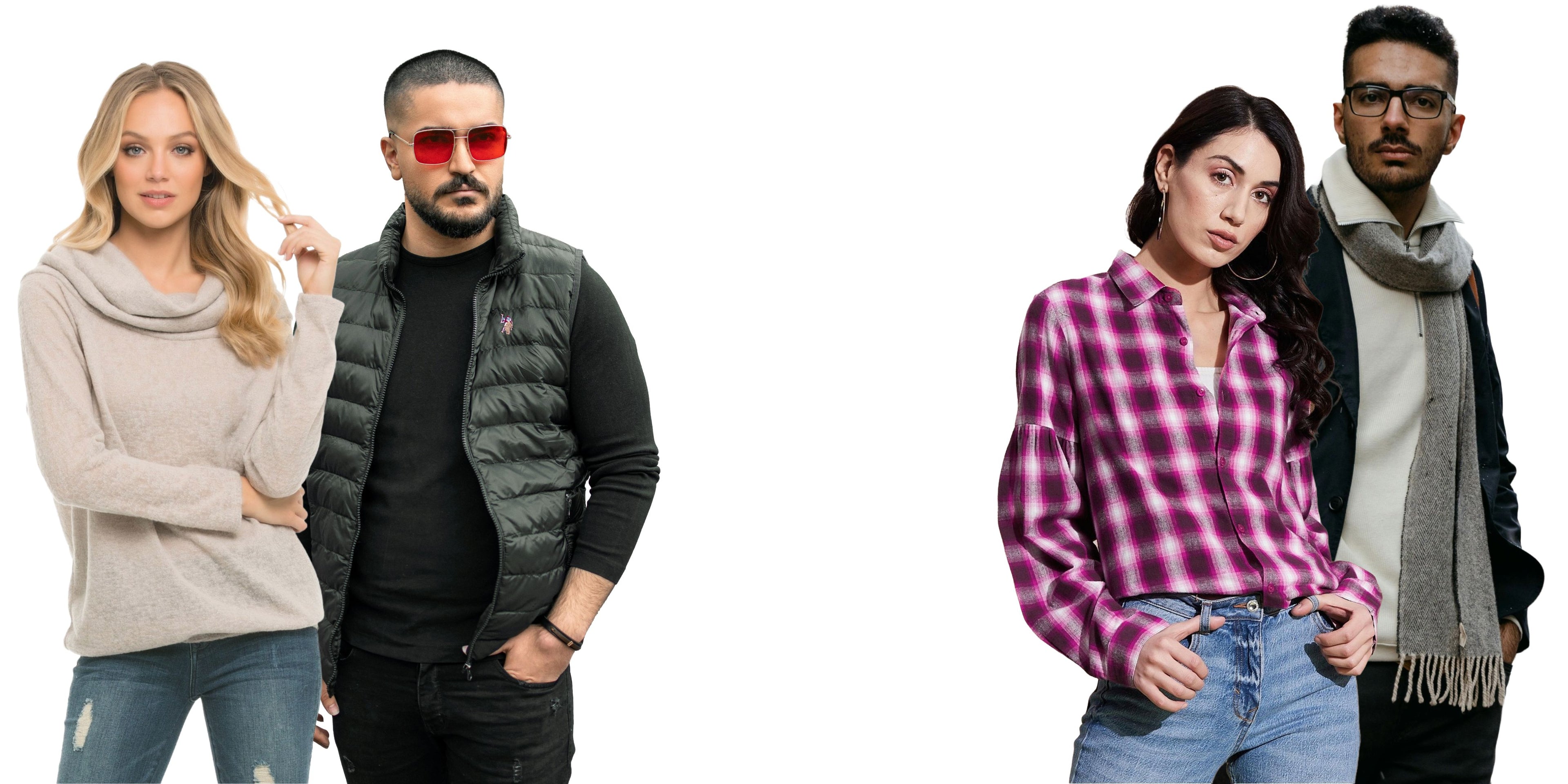 Four people wearing autumn/winter clothing on a white background - Fashlot