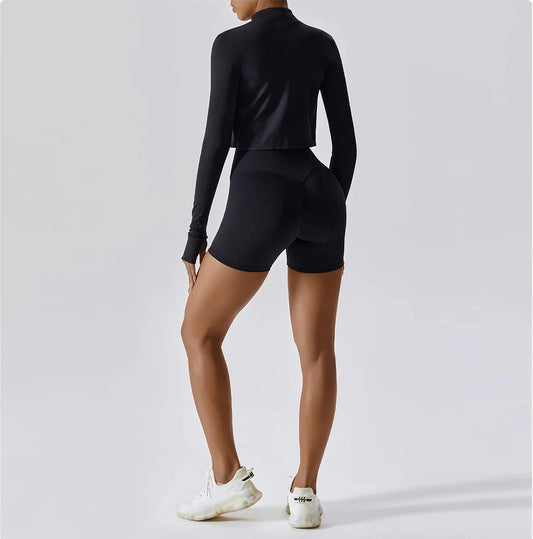 Black Women’s 3 Piece Tracksuit Shorts Set – Quick Dry, High Waist, Breathable Activewear - Fashlot