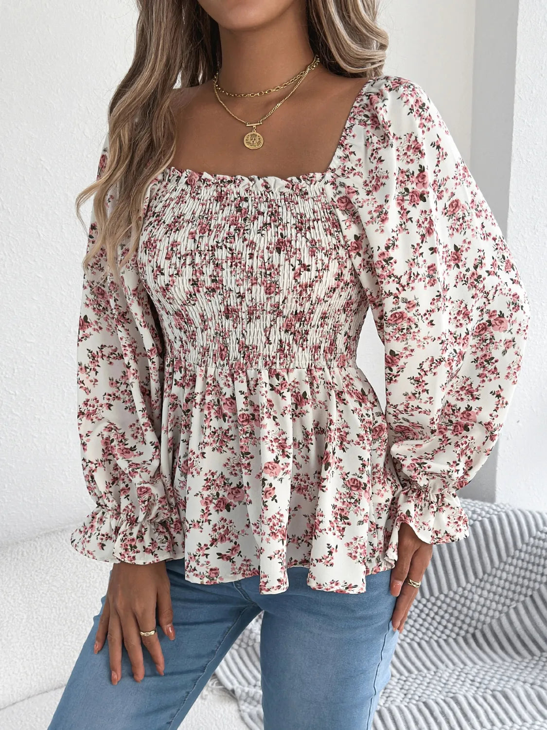 Floral Square Neck Flounce Sleeve Blouse – Feminine Style, Breezy Comfort, Everyday Elegance - Fashlot