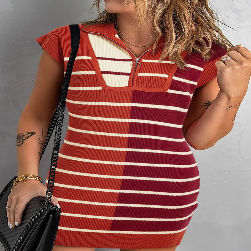 Women’s Striped Quarter Zip Cap Sleeve Sweater Dress – Effortless Chic & Everyday Comfort - Fashlot