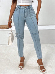 front Women’s Decorative Buckle Skinny Jeans with Pockets – Stylish, Comfortable & Practical - Fashlot