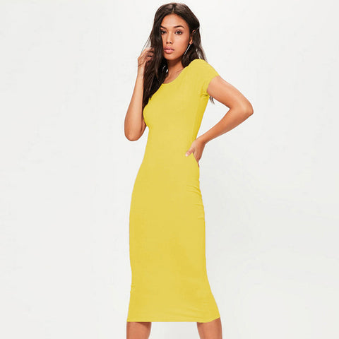 Women’s Casual Midi Cotton Dress – Short Sleeve, O-Neck, Slim Fit Summer Style - Fashlot