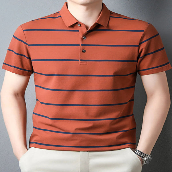 Men's Orange Plus Size Striped Button Short Sleeve Polo - Fashlot 