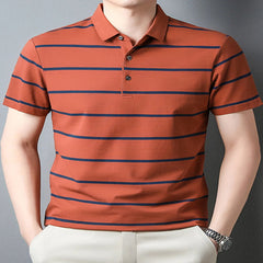 Men's Orange Plus Size Striped Button Short Sleeve Polo - Fashlot 