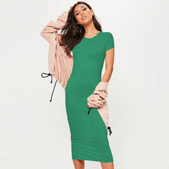 Women’s Casual Midi Cotton Dress – Short Sleeve, O-Neck, Slim Fit Summer Style - Fashlot