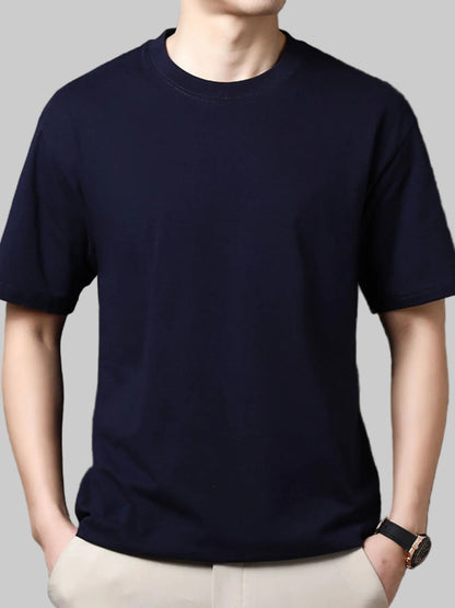 Men’s Full Size Round Neck Half Sleeve Plus Size T-Shirt – Cotton Stretch, Classic Versatile Navy Blue Tee - Fashlot