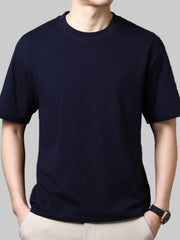 Men’s Full Size Round Neck Half Sleeve Plus Size T-Shirt – Cotton Stretch, Classic Versatile Navy Blue Tee - Fashlot