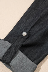 Pocketed Collared Neck Long Sleeve Denim Top for Women- Fashlot