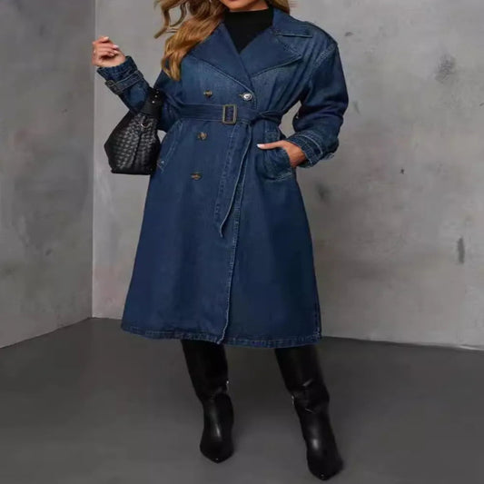 Button Up Long Sleeve Longline Denim Jacket for Women- Fashlot 