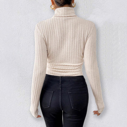 Long sleeved high neck Apricot slim fitting jumpsuit - Fashlot