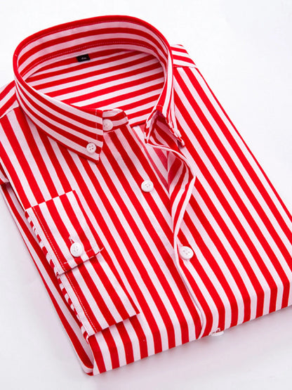 Men’s Red Plus Size Striped Button Up Long Sleeve Shirt – Classic Comfort & Timeless Style - Fashlot