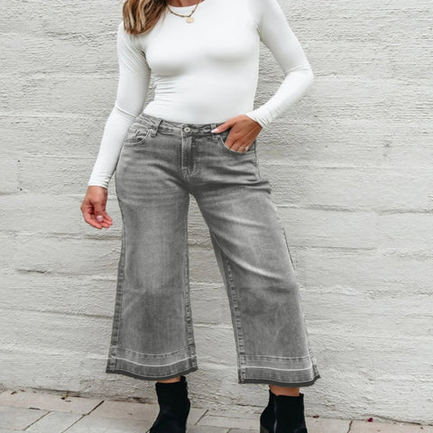 Front L High Waist Wide Leg Washed Jeans – Effortless Comfort & Timeless Style - Fashlot