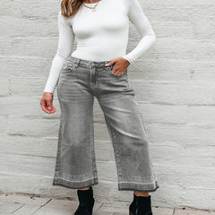 Front L High Waist Wide Leg Washed Jeans – Effortless Comfort & Timeless Style - Fashlot