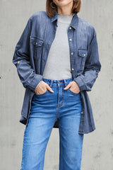 Pocketed Collared Neck Long Sleeve Denim Top for Women- Fashlot