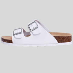 Unisex Leather Cork Footbed Slide Sandals with Adjustable Buckle – Summer Beach Comfort
