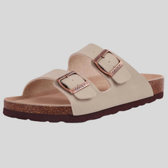 Unisex Leather Cork Footbed Slide Sandals with Adjustable Buckle – Summer Beach Comfort