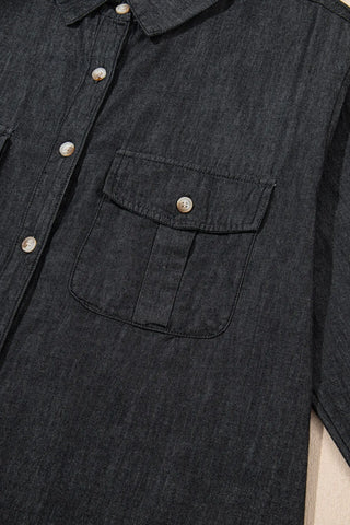 Pocketed Collared Neck Long Sleeve Denim Top for Women- Fashlot