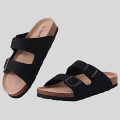 Unisex Leather Cork Footbed Slide Sandals with Adjustable Buckle – Summer Beach Comfort