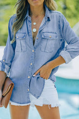 Pocketed Collared Neck Long Sleeve Denim Top for Women- Fashlot