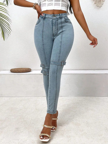 Women’s Decorative Buckle Skinny Jeans with Pockets – Stylish, Comfortable & Practical front- Fashlot