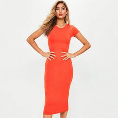 Women’s Casual Midi Cotton Dress – Short Sleeve, O-Neck, Slim Fit Summer Style - Fashlot