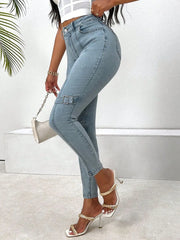 Women’s Decorative Buckle Skinny Jeans with Pockets – Stylish, Comfortable & Practical  left side- Fashlot
