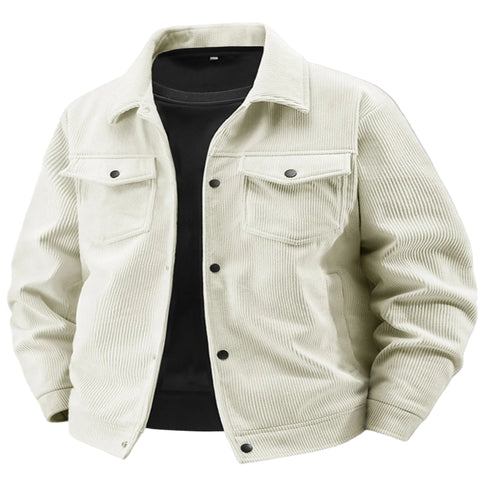 Men's Plus Size Biege Corduroy Button-Up Jacket with Chest Pockets (S - 5XL) - Fashlot