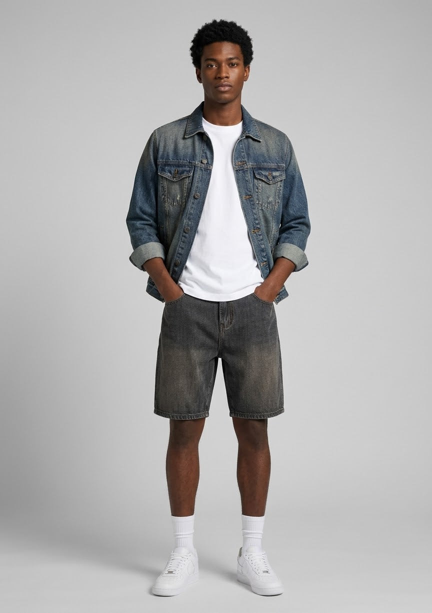 Vintage Wash Herringbone Denim Shorts