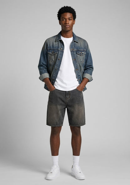Vintage Wash Herringbone Denim Shorts