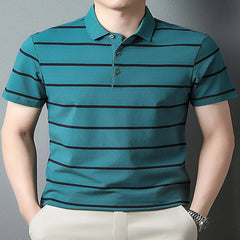 Men's Plus Size Striped Button Short Sleeve Green Polo - Fashlot