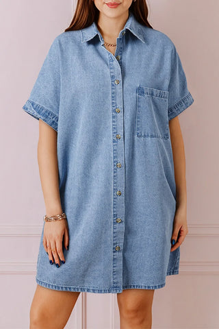 Women’s Button Down Short Sleeve Denim Dress - Classic, Clean, Effortless - Fashlot