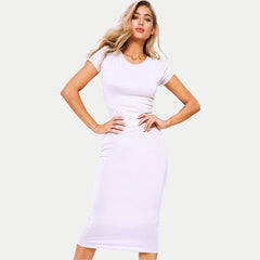 Women’s Casual Midi Cotton Dress – Short Sleeve, O-Neck, Slim Fit Summer Style - Fashlot