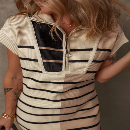 Women’s Striped Quarter Zip Cap Sleeve Sweater Dress – Effortless Chic & Everyday Comfort  - Fashlot