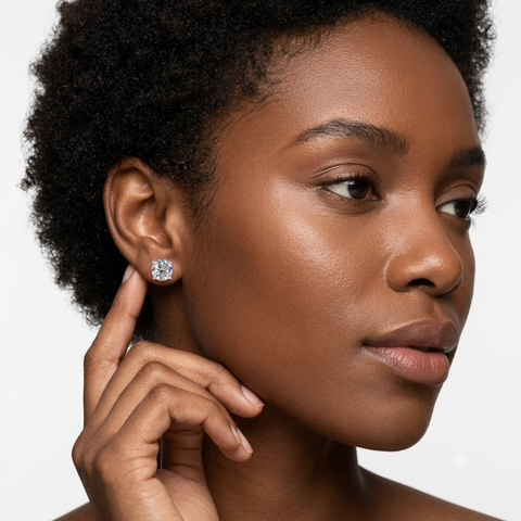 A close-up portrait of a woman with short dark curly hair wearing a small round stud earring, with her hand near her face, against a clean light gray background. - Fashlot