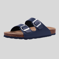 Unisex Leather Cork Footbed Slide Sandals with Adjustable Buckle – Summer Beach Comfort