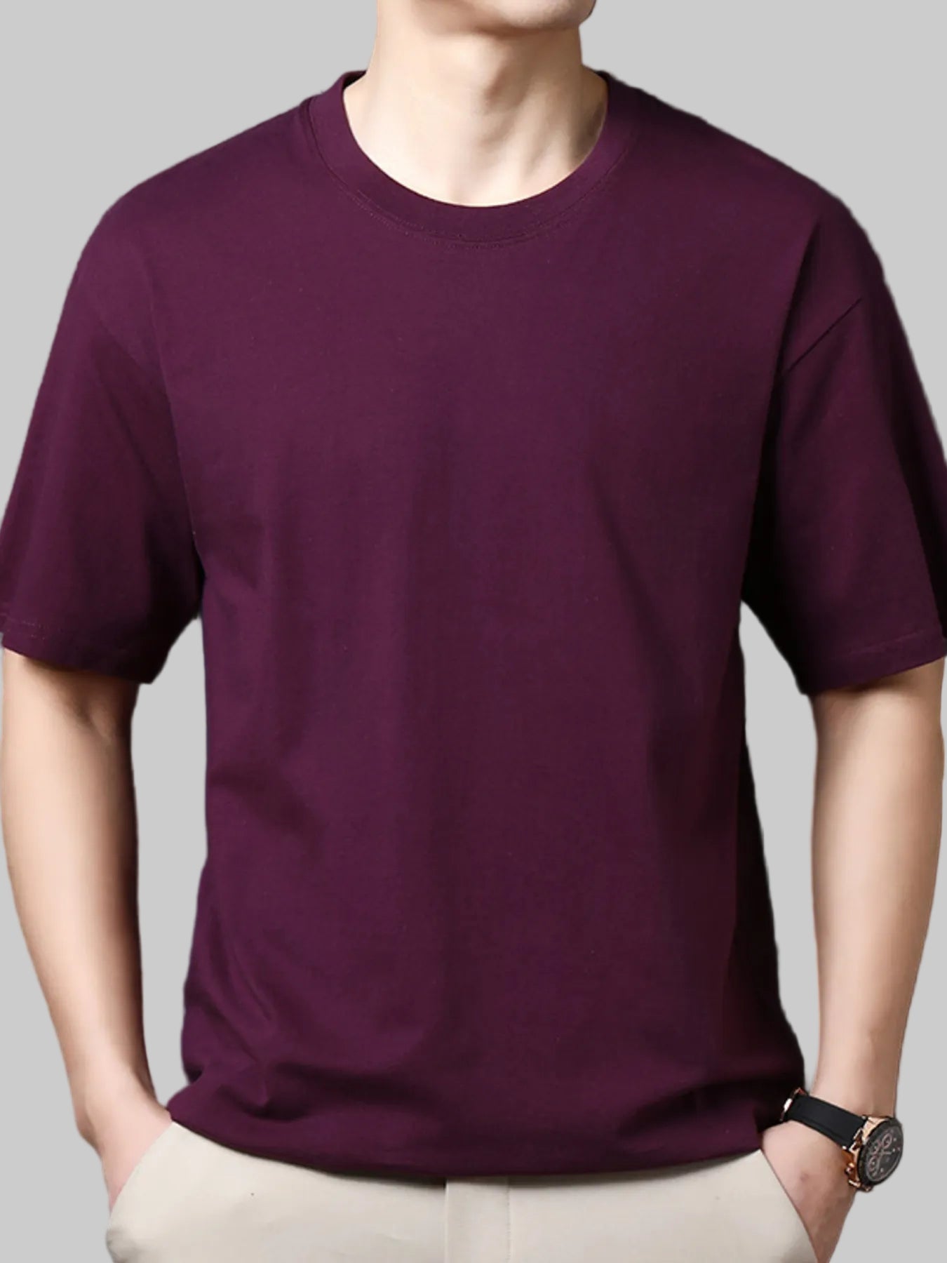 Men’s Wine Red Tee Full Size Round Neck Half Sleeve Plus Size T-Shirt – Cotton Stretch, Classic Versatile - Fashlot